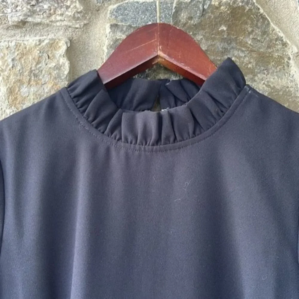 J. Crew Black Ruffle Neck 3/4 Sleeve Shift Dress in 365 Crepe Size 2